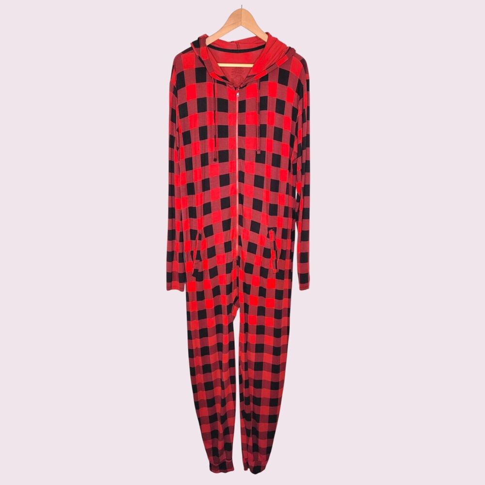 MEUNDIES Buffalo Plaid One Piece Pajamas Size M/L Pockets Micro Modal Hooded
